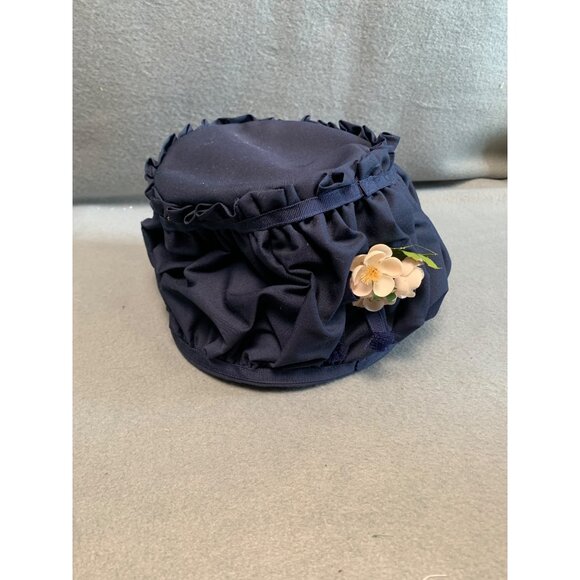 Handmade Navy Blue Ruffled Vintage Hat with Floral Accent by Pauline Boyer 21" - Picture 8 of 9